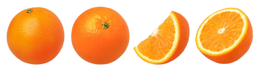 Orange fruit half and slices isolated, Orange fruit macro studio photo, transparent png,...