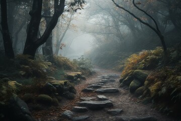 Stone road curves through enchanted forest to a bright misty opening. Generative AI