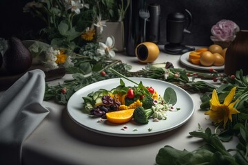 Obraz na płótnie Canvas White plate with vegetable and food on green cloth next to flowers and plant. Generative AI