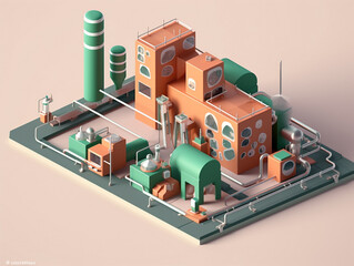 Isometric view of the exterior of a factory building with exposed mechanical and piping systems. 3D cartoon style. Isolated on pastel color background.
