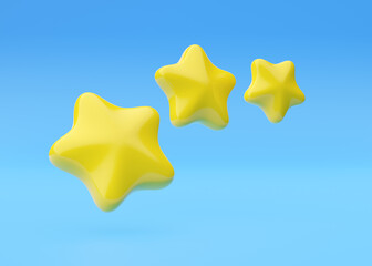 Three 3d render star icon - rate review 3 flying graphic element, winner illustration and best award
