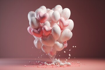 Heart-shaped love balloon made of pink, metallic, and white balloons. Rendered in 3D. Generative AI