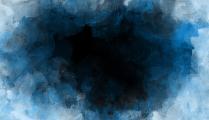 Blue color mystical fog. Abstract grunge art background. Fantastic night sky. White blue cloud on dark black backdrop. Futuristic texture illustration.