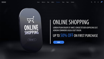 Online shopping, dark discount banner with offer and smartphone on dark background with fog