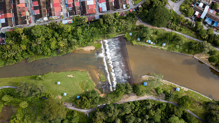 Aerial view of the Water flowing from the dam in Malaysia.
