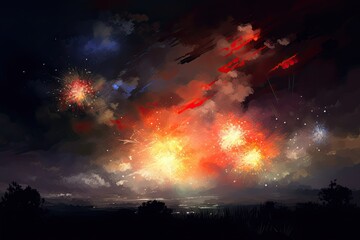 Fototapeta na wymiar A Sky of Fireworks: A Mesmerizing Evening Landscape, Generative AI
