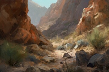 A Generative Painting of a Rock-Filled Desert Canyon in Arizona, California, or Utah: The Land of Enchantment: Generative AI