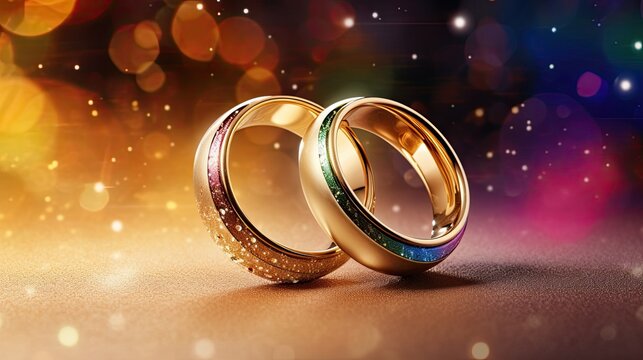 Celebrating Love and Equality: Two Gold Rings on the LGBTQI Flag for Valentine's Day and Freedom to Marry Day: Generative AI