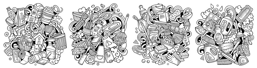 Cleaning cartoon vector doodle designs set.