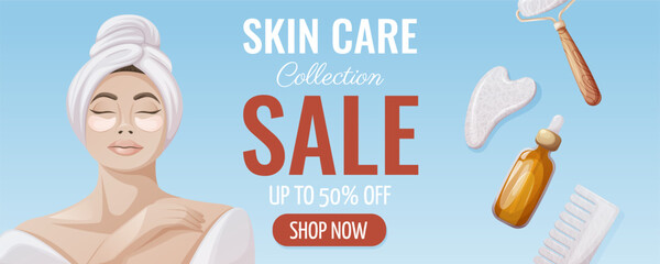 Skin care sale promotion banner. Woman in bathrobe and towel. Gua sha massage tools, eye patches, oil serum. Health and beauty. Vector illustration. For poster, advertising, website.
