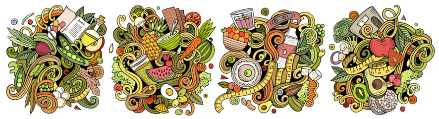Diet food cartoon vector doodle designs set.