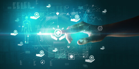Doctor hand pressing futuristic health device with medical symbol on screen