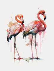 Watercolor Flamingos Illustration Isolated on White Background. Colorful Digital Animal Art 