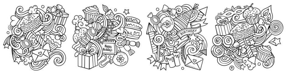 Birthday cartoon vector doodle designs set.