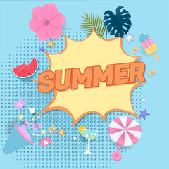 Summer banner with megaphone paper art style