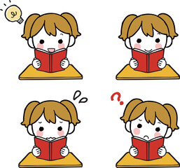 本を読む女の子のイラストセット