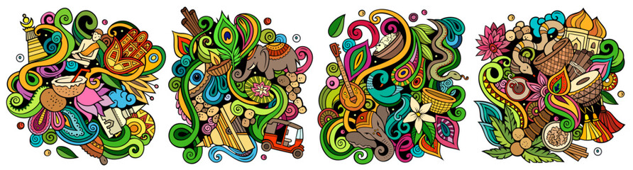 India cartoon vector doodle designs set.