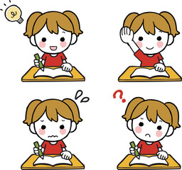 机で勉強をする女の子のイラストセット