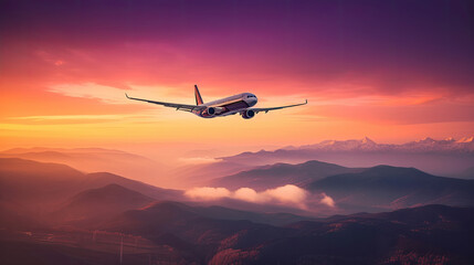Obraz na płótnie Canvas passenger plane flies over mountains on a beautiful sunset. Generative AI