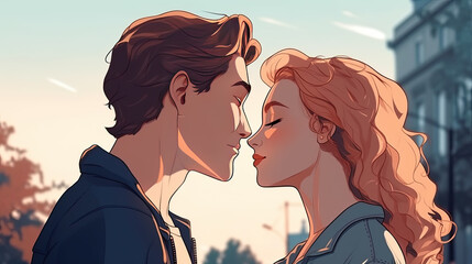 illustration of a young couple about to kiss. Generative AI