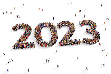 Large and diverse group of people gathered together in the shape of 2023, new year event concept, top view, on transparent background	
