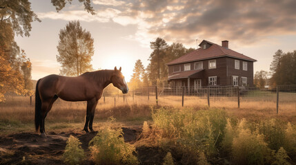 a brown horse stands in a yard at sunrise. Generative AI