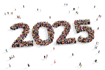 Large and diverse group of people gathered together in the shape of 2025, new year event concept, top view, on transparent background	