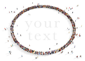 Large and diverse group of people gathered together in the shape of an outlined circle, showcase concept, top view, on transparent background	