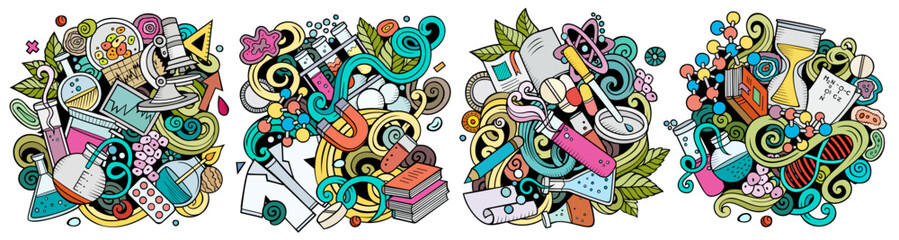 Science cartoon vector doodle designs set.