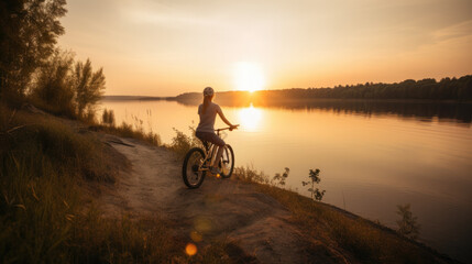 Fototapeta na wymiar a young woman stands by the lake with her bicycle and watches the sunrise. Generative AI