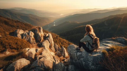 Fototapeta premium a young woman with a backpack sits on a large stone in the mountains and looks at the sunrise. Generative AI