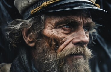 Close up portrait, an experienced and old captain with a strong and stubborn impression. generative AI - obrazy, fototapety, plakaty