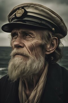 Close up portrait, an experienced and old captain with a strong and stubborn impression. generative AI