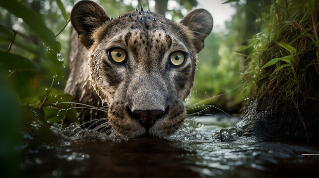 Junges Leoparden-Portrait am Wasseelauf