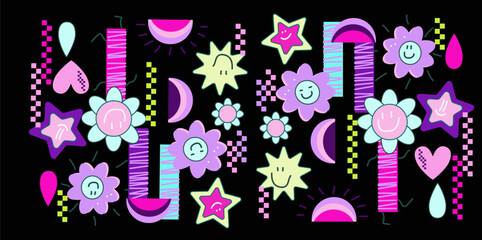 Set of cool groovy flower and star Y2k style, Nostalgia for the 2000 years. vector illustration.