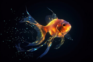 Image of goldfish with beautiful colors and light. on a dark background. Pet. Fishs. Animals. Illustration, generative AI.