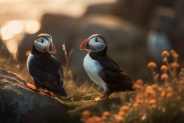 Flock of atlantic puffin or common puffin standing on the meadow. Birds. Wild Animals. illustration. Generative AI.