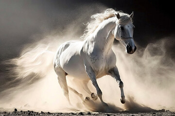 Image of a beautiful white horse is running on natural background. Wild Animals. illustration. Generative AI.