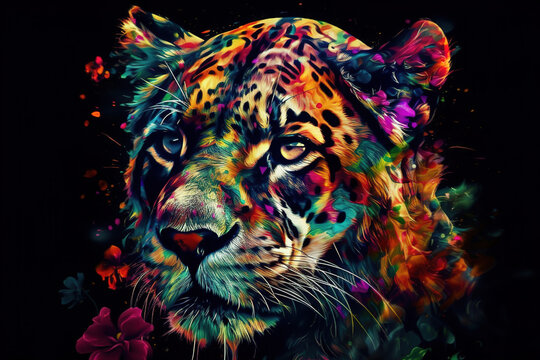 Image of a tiger head with beautiful bright colors on a dark background. Wildlife Animals. Illustration, generative AI.
