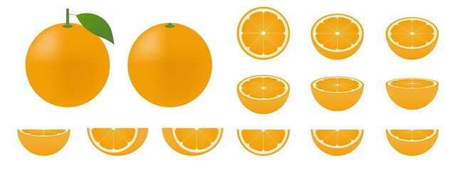 Set of Orange fruit and Piece of Sliced Orange. Vector Illustration Isolated on White Background.