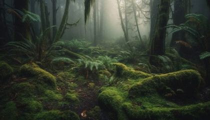 Mystery in nature Spooky foggy forest adventure generated by AI