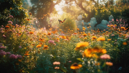 Butterfly flying in meadow at sunset generated by AI