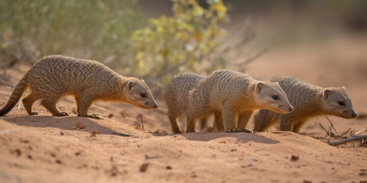 A family of mongooses hunting for insects and small animals in a sandy desert, concept of Familial social behavior, created with Generative AI technology Generative AI