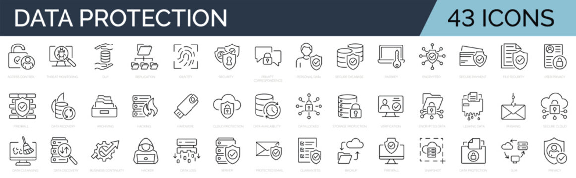 Set of line icons related to data protection, cyber security, privacy. Outline icon collection. Editable stroke.Vector illustration