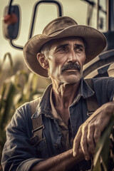 Obraz premium A farmer in the middle of a field with tractor in the background in a sunny day - ai generative