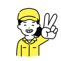 かわいい人物のイラストシリーズ _ 女性の作業員 _ ピースサイン　