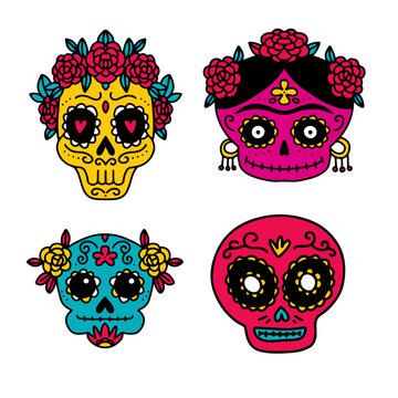 Mexican Dia de los Muertos - Day of the Dead - sugar skulls set. Cute heads with flowers. Simple vector illustration in doodle hand drawn style.