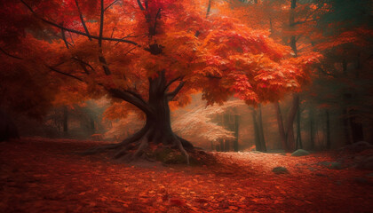 Vibrant autumn colors paint spooky forest mystery generated by AI