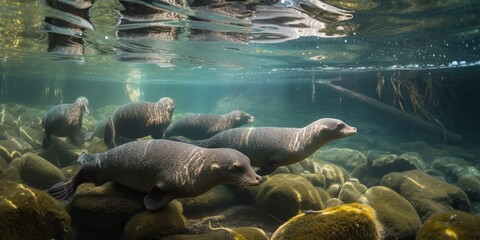 A family of platypuses swimming and diving in a clear, sparkling river, concept of Mammal behavior, created with Generative AI technology Generative AI