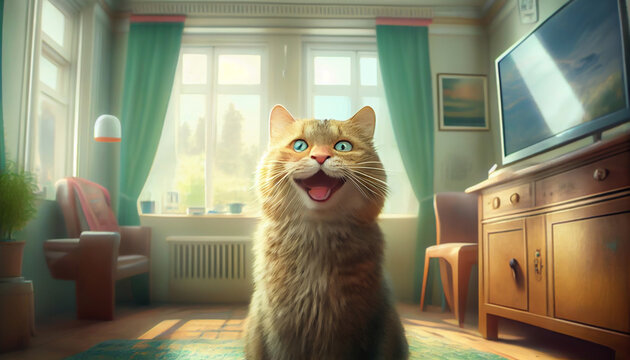 Happy cat, Surprised face, Wow expression cat funny face with open mouth. Cute ginger Cat Emotional surprised wide big eye and saying wow, admiring look, Meow wow. Generative AI, illustration